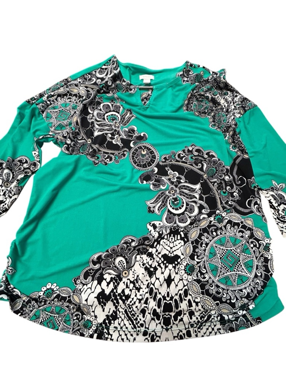 Chico's Helena Keyhold Neck Green/Black Paisley V-Notch Tunic Size 3/16/XL EUC - Picture 7 of 12